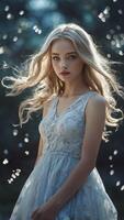 Blonde Woman in Dress Standing Amidst Dreamy Light Bokeh Background photo