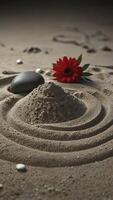 Sand Garden Design with Zen Rock and Red Flower Balance photo