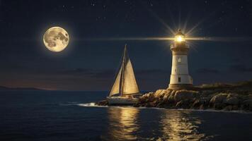 Sailing Boat Near Lighthouse at Night with Full Moon and Stars photo