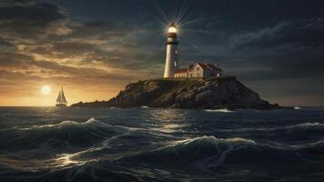 Coastal Lighthouse Shining Light Across Ocean with Sailboat at Sunset photo