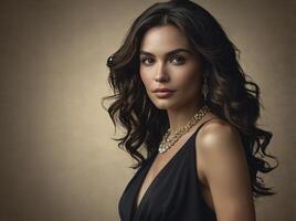 Elegant Woman Posing in Black Dress Wearing Jewelry with Soft Background photo