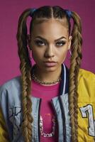 Portrait of Trendy Young Woman with Pigtails and Retro Jacket photo