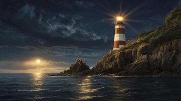 Lighthouse Shining at Night on Rocky Coast with Dramatic Dark Sky photo