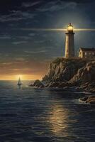 Lighthouse Shining Over Ocean Cliff at Sunset with Sailboat Illustration photo