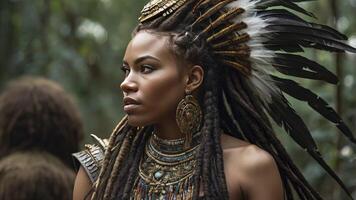 Woman with Headdress and Dreads in Lush Forest Environment Portrait photo