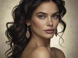 Elegant Woman Portrait Wearing Ornate Earrings Against a Neutral Backdrop photo