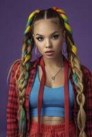 Portrait of Stylish Young Woman with Colorful Braids and Casual Outfit photo