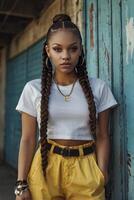 Woman with Braids and Yellow Pants Leaning Against Weathered Blue Wall photo