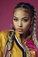 Portrait of Confident Young Woman with Braided Hair Against Pink Backdrop photo