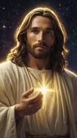 Jesus Christ Holding Light Star with Cosmic Background Digital Art photo