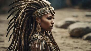Woman with Dreadlocks Wearing Tribal Headwear in Desert Setting photo