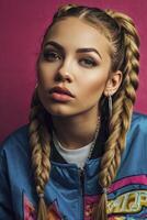 Young Woman with Braids and Jacket Posing Against Pink Background photo