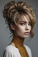 Portrait of a Woman with Updo Hairstyle and Trendy High Neck photo
