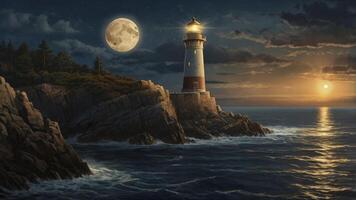 Lighthouse Beacon Shines Brightly Under Moonlit Night Sky Over Ocean photo