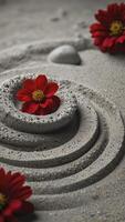 Zen Garden Still Life with Red Flowers and Stone Circle photo