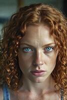 Woman with Red Curly Hair and Blue Eyes Portrait Expressive Closeup photo