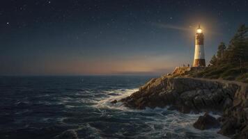 Coastal Lighthouse Shining Brightly at Night with Rocky Shoreline and Waves photo