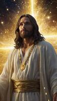 Jesus Christ Portrait with Golden Light and Spiritual Background photo