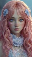 Portrait of a Young Girl with Pink Hair and Fantasy Style photo