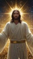 Jesus Christ Portrait with Light Rays and Glimmering Celestial Background photo