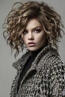 Stylish Woman with Curly Hair Wearing Textured Coat in Studio Setting photo