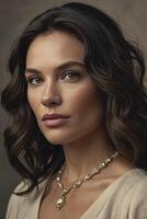 Portrait of Elegant Woman with Necklace Showing Soft Lighting and Style photo