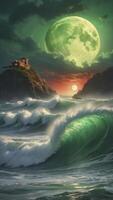 Waves Crashing on Rocky Shoreline with Building Underneath a Giant Moon photo