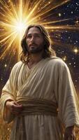 Figure with Long Hair Standing Before a Starry Light Background photo