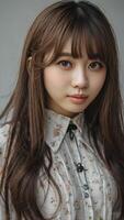 Portrait of Asian Woman with Bangs and Floral Blouse Looking at Camera photo
