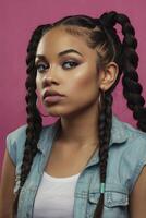 Portrait of a Young Woman with Braids and Denim Jacket photo