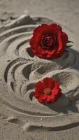 Red Flowers on Sand with Zen Garden Pattern Creates Serene Scene photo