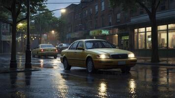 Yellow Car Driving on Wet City Street in Rainy Weather photo