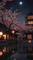 Blossoming Cherry Tree at Night in a Traditional Chinese Garden photo