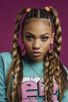 Confident Young Woman Posing with Pigtails and Colorful Streetwear Fashion photo