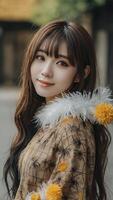 Smiling Asian Woman Wearing Costume with Spider Pattern and Fluffy Collar photo