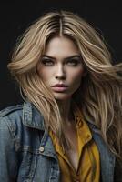 Blonde Woman Portrait with Denim Jacket and Yellow Shirt Looking at Camera photo