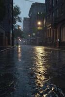 Walking on Wet Street in City During Rain with Light Reflections photo