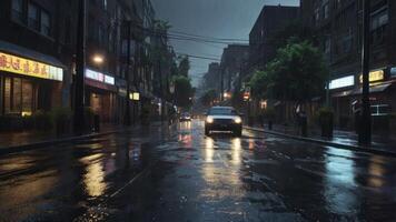 Driving on a Wet City Street During a Rainy Dark Day photo