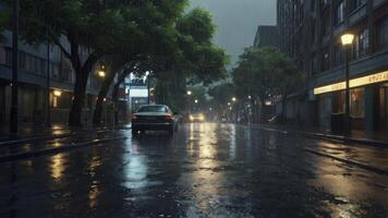 Driving on Rainy City Street with Wet Pavement and Reflections photo
