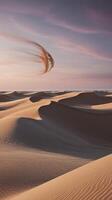 Exploring Golden Sand Dunes with Dust Devil Under Pastel Sunset Sky photo