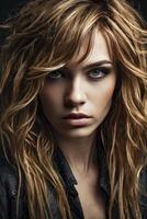 Portrait of Woman with Wavy Hair and Dramatic Makeup Looking Forward photo