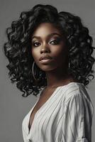Portrait of Beautiful Woman with Curly Hair and Elegant Fashion Style photo