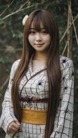Portrait of Smiling Asian Woman in Kimono with Spider Web Pattern photo