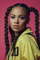Young Woman Portrait with Braided Pigtails Against Vibrant Pink Background photo