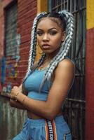 Confident Woman Posing with Gray Braids in Urban Street Setting photo