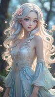 Anime Girl with Long White Hair Wearing a Fantasy Dress in Forest photo