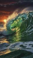 Crashing Ocean Wave at Sunset Creates a Stunning Green Water Barrel photo