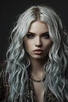 Portrait of Woman with Silver Wavy Hair and Intense Expression photo