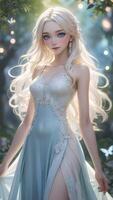 Anime Woman in Elegant Dress Posing in Enchanted Forest Setting photo