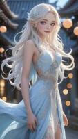 Elegant Elf Woman in Light Blue Dress Standing in Asian Setting photo